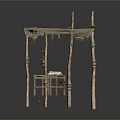 Rustic Scene Structure With Wooden Poles Canvas Canopy And Wooden Bench
