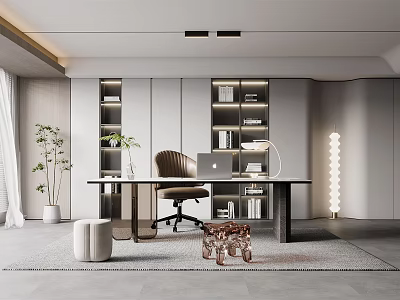 Modern Study Room Interior with Bookcases Desk Office Chair Laptop and Floor Lamp 3d model