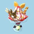 Colorful Ice Cream Sundae With Fresh Strawberries Chocolate Drizzle Waffle Sticks And Decorative Topping