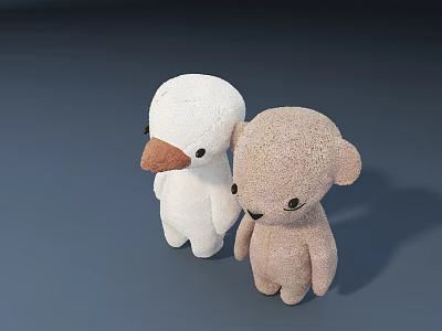 Two Adorable Plush Toys With White Duck And Light Brown Bear Shaped Design 3d model