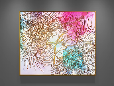Colorful Abstract Wall Art With Intricate Lines Pink Blue Hues And Golden Frame 3d model