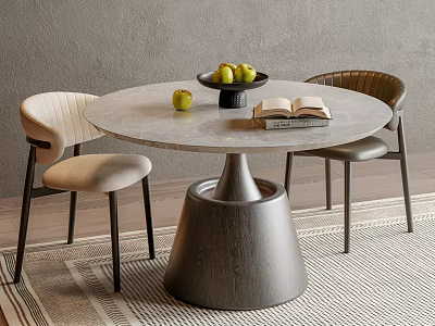 Stylish Round Dining Table Set with Marble Top Cone Base Two Upholstered Chairs Fruit Bowl 3d model