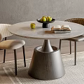 Stylish Round Dining Table Set with Marble Top Cone Base Two Upholstered Chairs Fruit Bowl
