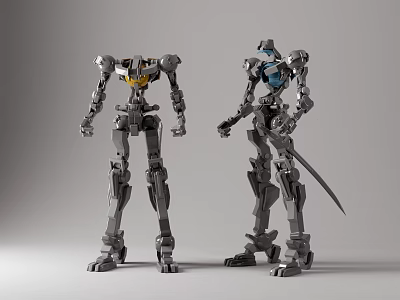 Two Mechanical Robot Models With Metallic Structure Yellow Blue Accents And Sword 3d model