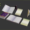 Open Books With Purple Covers Handwritten Notes And Papers Near Quill Pens