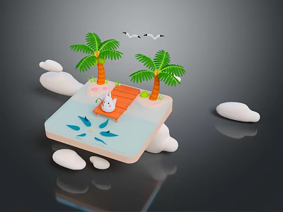 Sci Fi Futuristic Tropical Scene With Advanced Palms Hovering Bridge Mechanical Creature And Energy Ripples 3d model