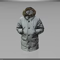 Light Colored Winter Coat With Fur Lined Hood And Button Front Style 3d model