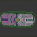 Futuristic Metallic Gate with Circular Central Design and Striped Panels on Reflective Surface