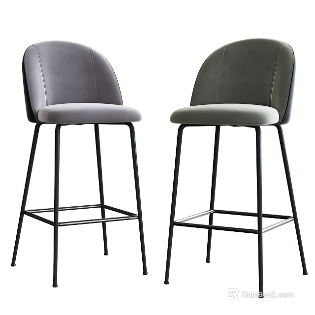 Modern Gray And Dark Green Bar Stools With Upholstered Seats And Black Metal Legs 3d model 