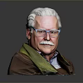 An Elderly Man With White Hair Glasses Mustache Wearing Brown Coat Green Scarf Light Shirt