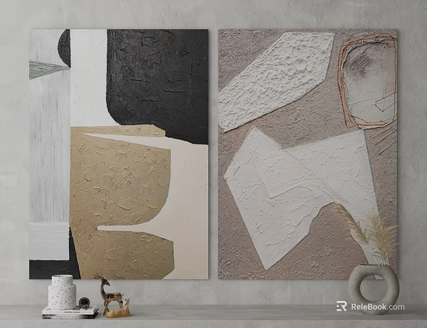 Abstract Two Panel Decorative Paintings On Gray Wall With Vase And Ornaments 3d model