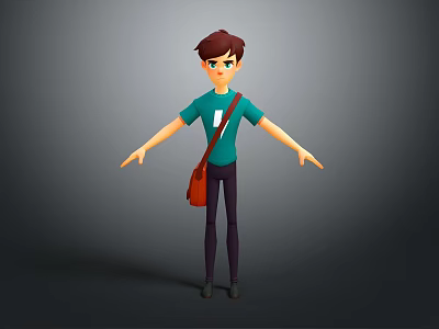 3D Boy Character With Brown Hair Teal T Shirt Brown Shoulder Bag And Outstretched Arms 3d model