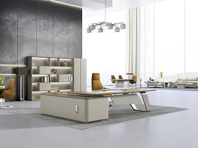 Modern Office Desk With Shelves Chair Chandelier Rug And Large Windows In Bright Space 3d model