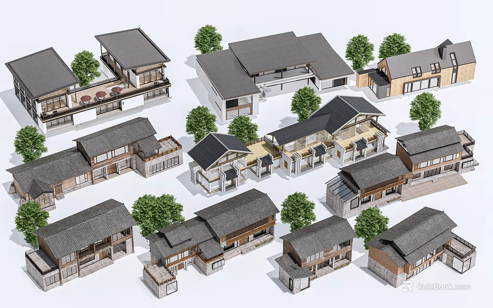 Traditional Style Multistory Residential Buildings Featuring Gray Roofs And Surrounding Green Trees 3d model 