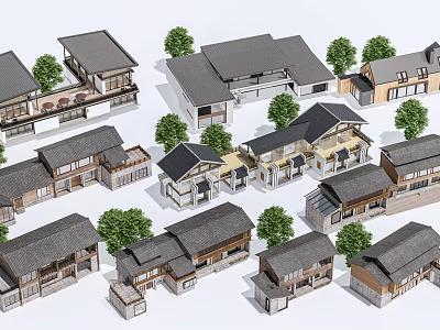 Traditional Style Multistory Residential Buildings Featuring Gray Roofs And Surrounding Green Trees 3d model