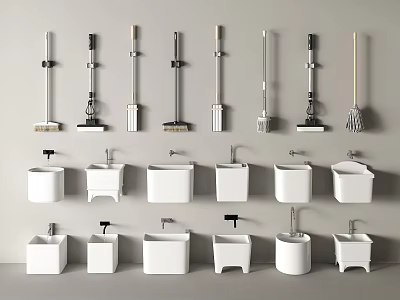 Essential Bathroom Accessories Including Mops Toilet Brushes And Wash Basins 3d model