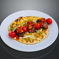 Grilled Flatbread With Grilled Meat Cherry Tomatoes Yogurt Sauce And Green Herbs On White Plate