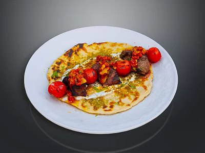 Grilled Flatbread With Grilled Meat Cherry Tomatoes Yogurt Sauce And Green Herbs On White Plate 3d model