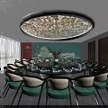 Private Dining Room Interior With Round Table Green Chairs And Chinese Traditional Decor