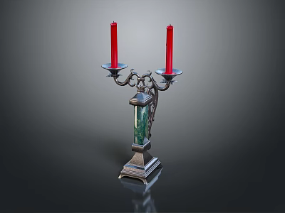 Vintage Style Candle Lamp With Two Red Candles Metal Base And Green Accent 3d model