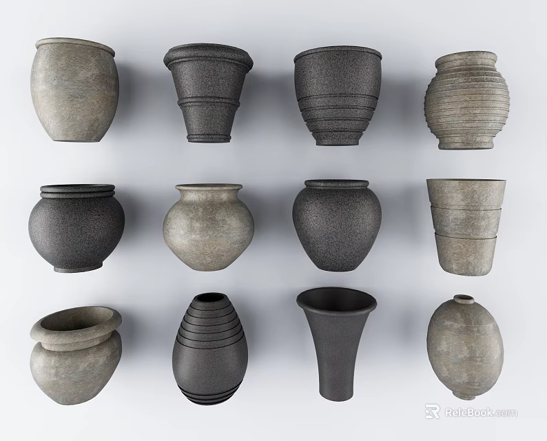 Decorative Ceramic Vessels with Various Shapes and Textured Surfaces in Neutral Tones 3d model 