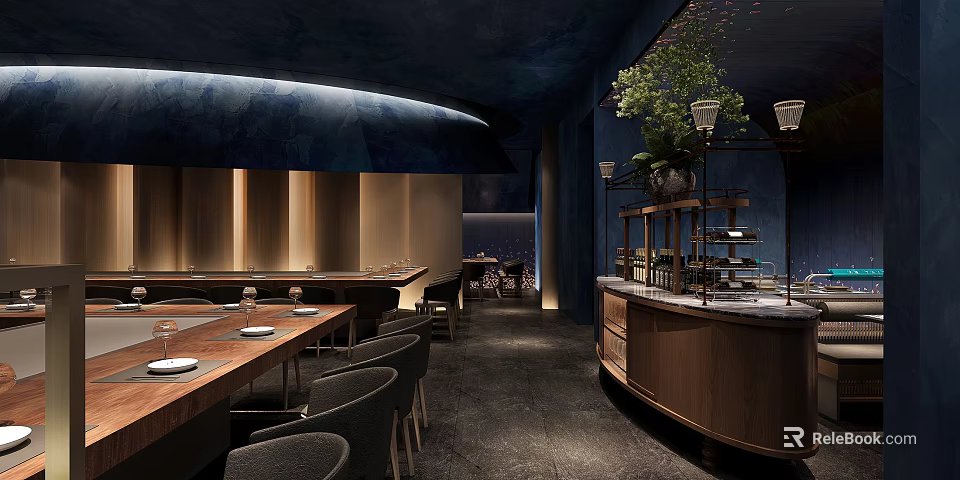 Modern Japanese Restaurant Interior With Wooden Tables Bar Counter And Dining Area 3d model 
