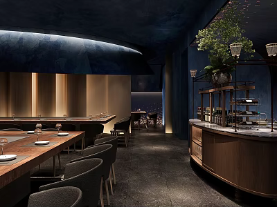 Modern Japanese Restaurant Interior With Wooden Tables Bar Counter And Dining Area 3d model