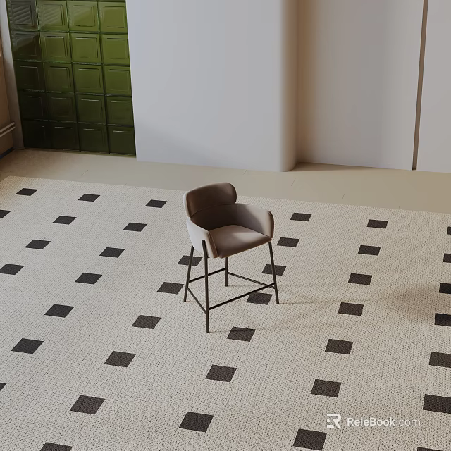 Brown Bar Stool With Metal Frame On Black And White Square Carpet Near Green Cabinet 3d model 