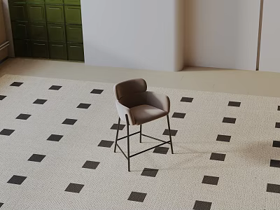 Brown Bar Stool With Metal Frame On Black And White Square Carpet Near Green Cabinet 3d model