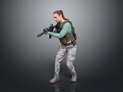 Woman In Green Shirt And Tactical Vest Holding Gun With Camouflage Pants On Gray Background 3d model