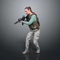 Woman In Green Shirt And Tactical Vest Holding Gun With Camouflage Pants On Gray Background