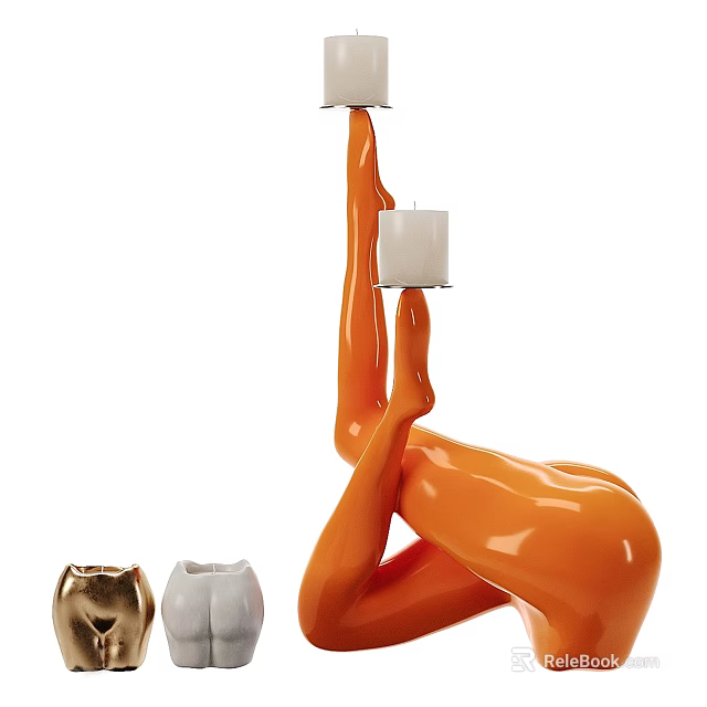 Orange Abstract Human Form Candle Lamp with Two White Candles and Decorative Small Containers 3d model 