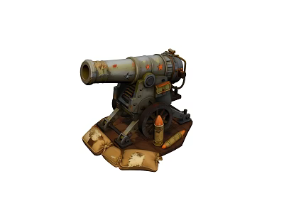 Vintage Cannon with Rusty Barrel Wooden Wheels Sandbags and Cannonball as Retro Military Weapon 3d model