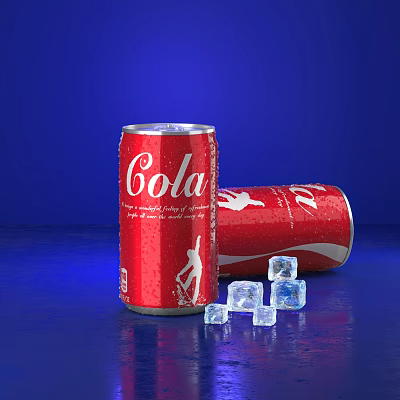 Refreshing Cola Beverage In Red Can With Ice Cubes On Blue Background 3d model