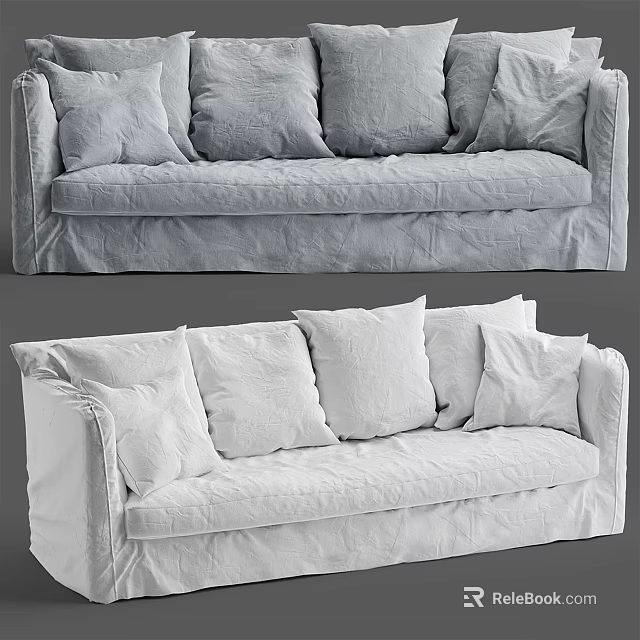 Soft Three Seater Sofa With Plush Cushions And Comfortable Linen Upholstery 3d model 