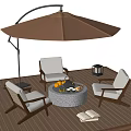 Outdoor Lounge Chairs with White Cushions on Wooden Deck Fire Pit and Patio Umbrella