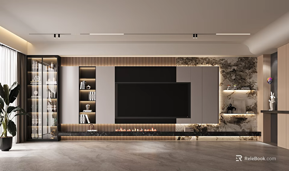 Modern TV Background Wall Design With Wooden Panels Stone Accents Fireplace And Display Shelves 3d model 