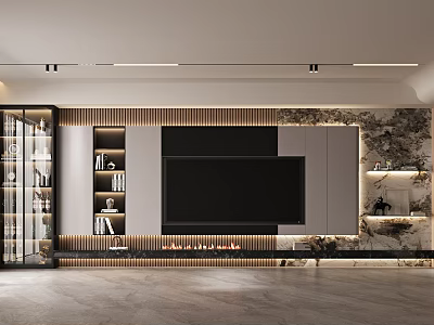 Modern TV Background Wall Design With Wooden Panels Stone Accents Fireplace And Display Shelves 3d model