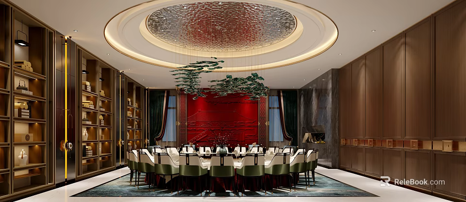 Elegant Private Dining Room With Circular Ceiling Red Wall Green Decor And Round Table 3d model