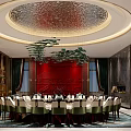 Elegant Private Dining Room With Circular Ceiling Red Wall Green Decor And Round Table 3d model
