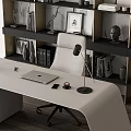 Modern Office Desk With Marble Wall Background Decorative Shelves Books Sculptures And Desk Lamp