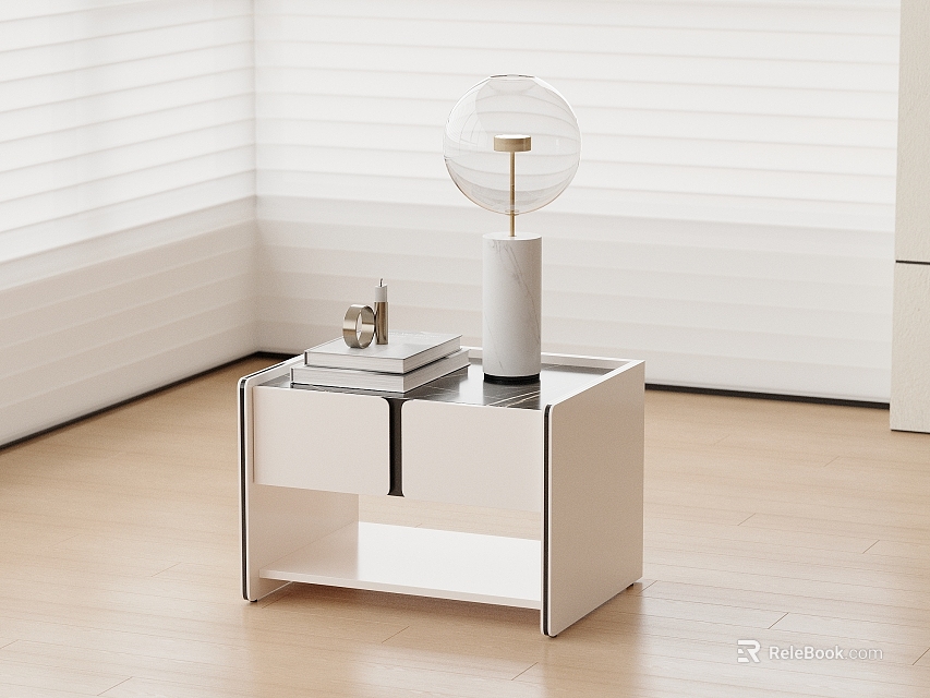 Modern White Bedside Table With Two Drawers Round Globe Lamp And Books 3d model 