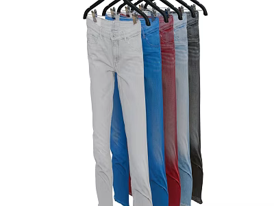 Fashionable Various Colors Denim Jeans Hanging On Multiple Black Hangers In Row 3d model