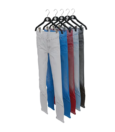 Fashionable Various Colors Denim Jeans Hanging On Multiple Black Hangers In Row 3d model