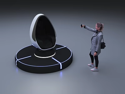 Woman Taking Photo Of Egg Shaped Device On Black Circular Base With White Lines 3d model
