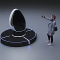 Woman Taking Photo Of Egg Shaped Device On Black Circular Base With White Lines
