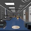 Modern Fitness Studio Interior With Comfortable Sofas Round Tables Plants And Bookshelves 3d model