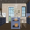 Elegant Modern Kitchen Interior With Dark Blue And Light Wood Cabinets Marble Island Pendant Light