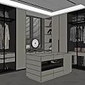 Modern Walk in Closet Design with Glass Door Cabinets Dressing Table Mirror and Hanging Clothes