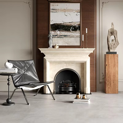 Modern Living Room With Stone Fireplace And Black Accent Chair 3d model